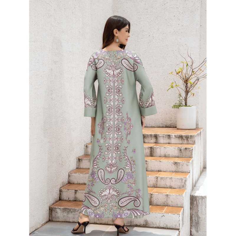 Muslim Women's Wear Robe Printing Hot Bead V-neck Turned Cuff Dress - Image 5