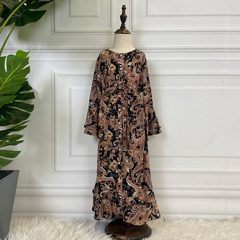 Children Girls Printed Patchwork Long Sleeve Muslim Dress - Image 4