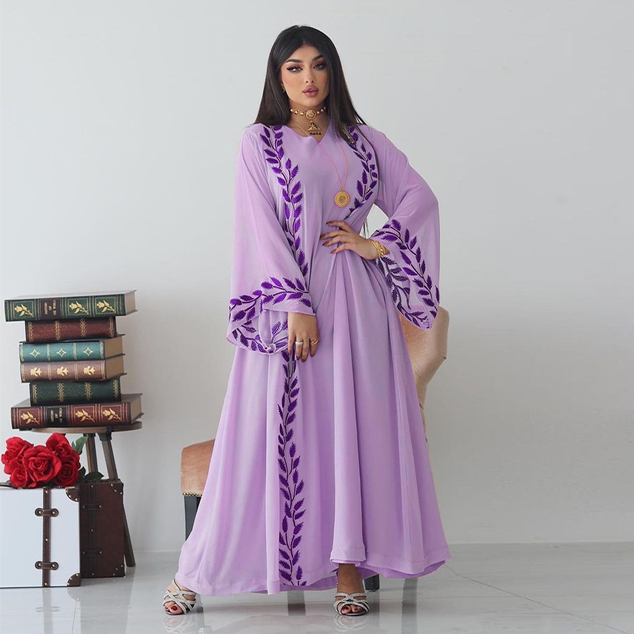 Chiffon Long Muslim Embroidered Crew Neck Dress With Headscarf - Image 4
