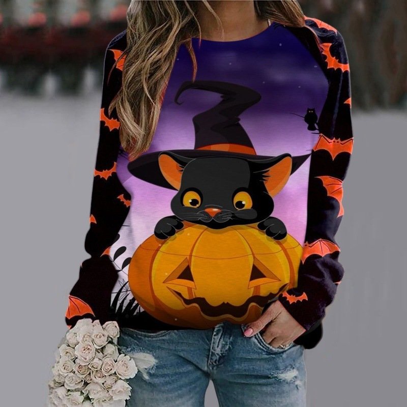 Halloween Cartoon Print Sweatshirt Long Sleeve Pullover Tops Women - Image 5
