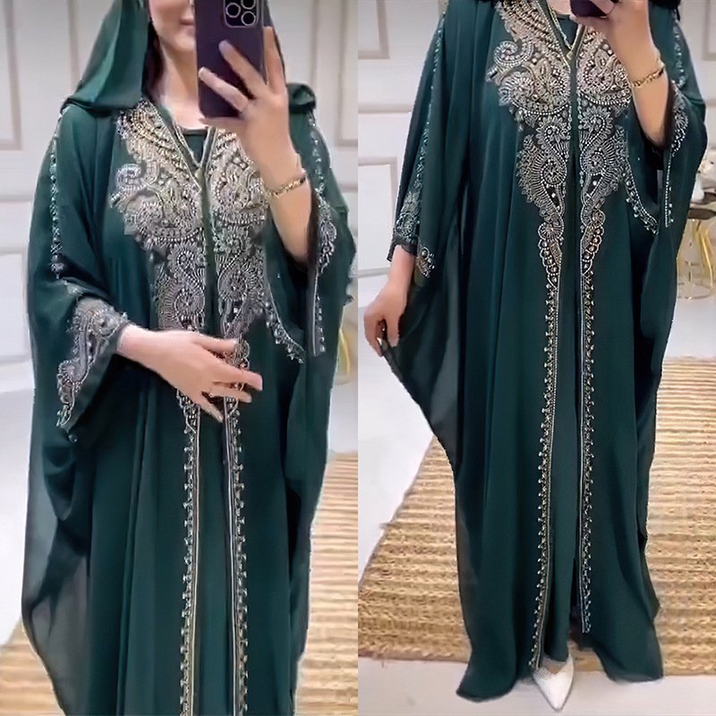 Rhinestone Beaded Muslim Long Gown African Hooded Dress - Image 3