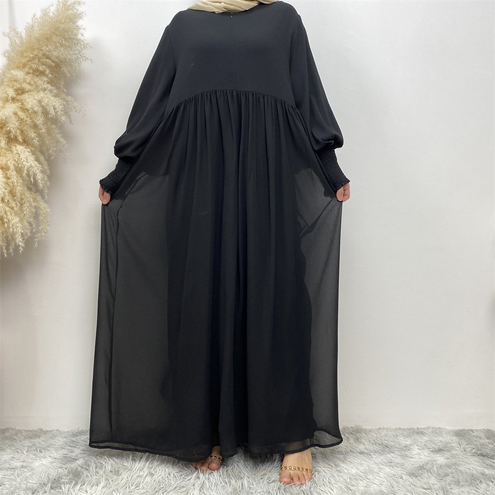 Muslim Simple Solid Color Pleated Elastic Chiffon Dress - Image 3