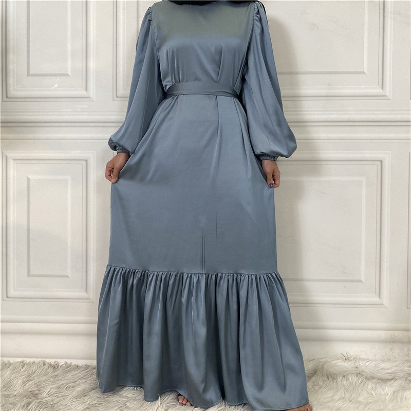 New Fashion Women's Patchwork Muslim Lace Up Solid Color Dress - Image 6