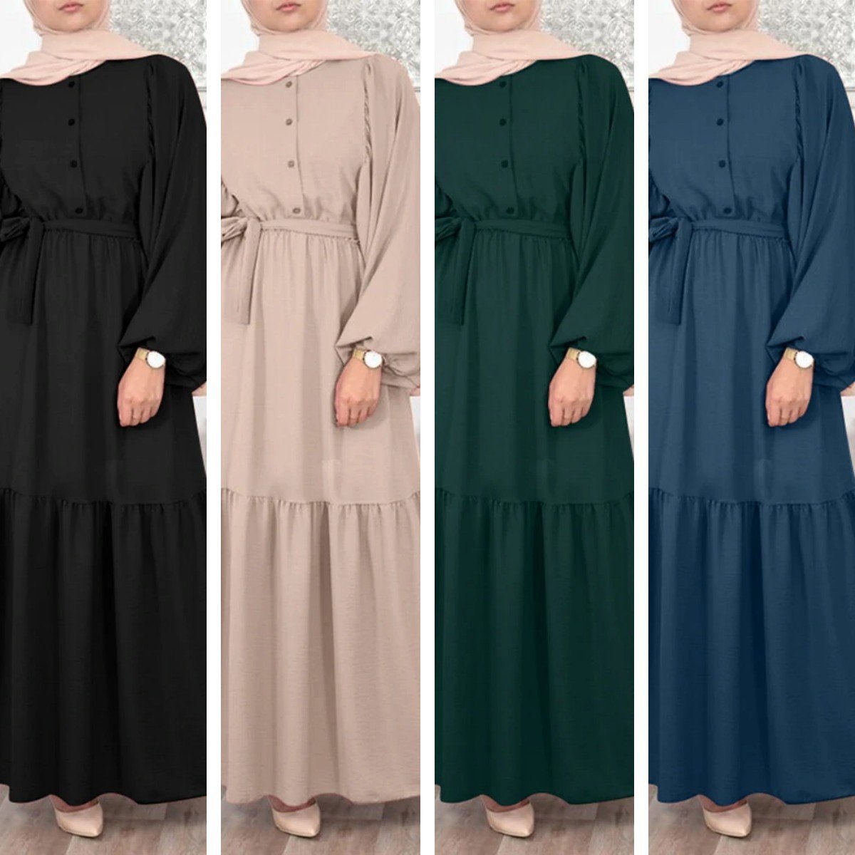 Muslim Solid Color Puff Sleeve O-neck Overlong Dress With Belt - Image 9