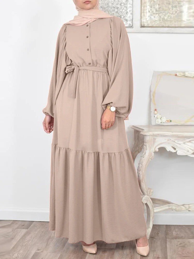 Muslim Solid Color Puff Sleeve O-neck Overlong Dress With Belt - Image 5