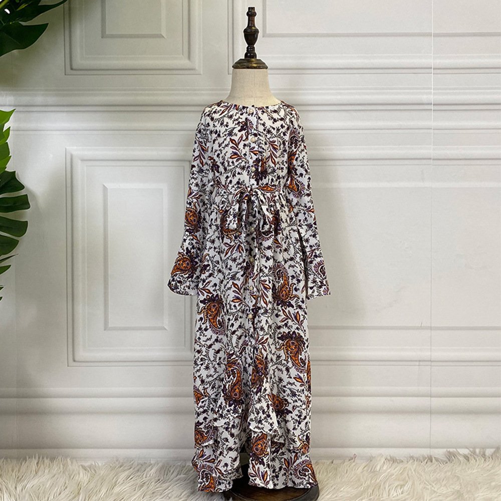 Children Girls Printed Patchwork Long Sleeve Muslim Dress - Image 5