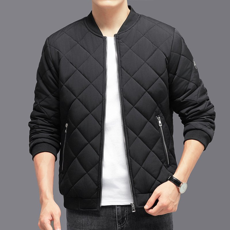 Fashion Rhombic-sewing Design Cotton Coat Winter Warm Thickened Baseball Jacket Casual Solid Color Outwear Clothing For Men - Image 3