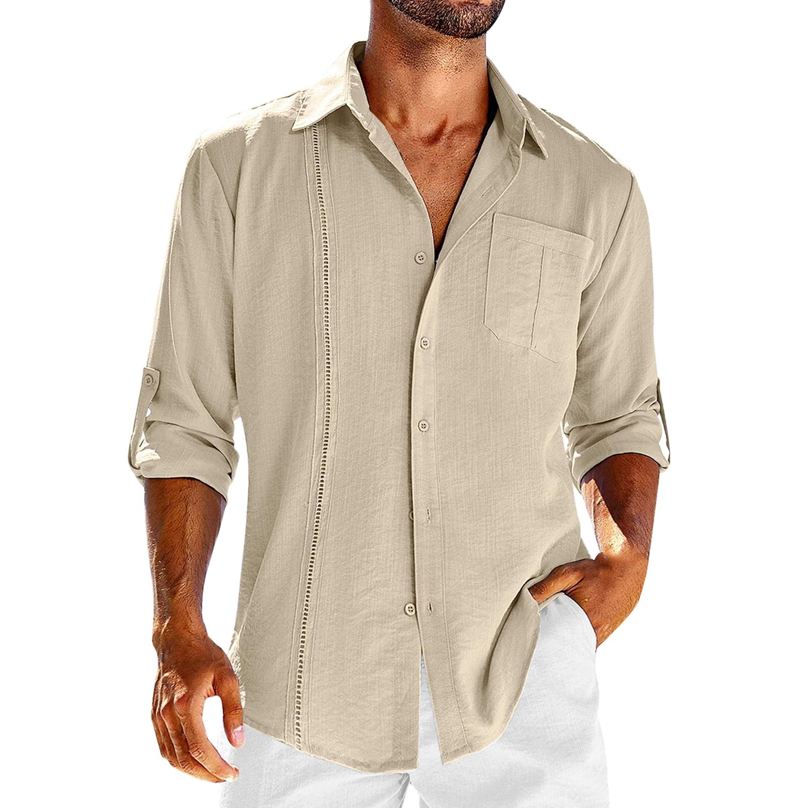 Casual Long Sleeve Shirt With Pocket Lace Polo Collar Solid Color Button Mens Clothing - Image 2