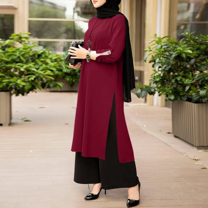 New Muslim Dubai Robe Pure Color Split Dress - Image 7