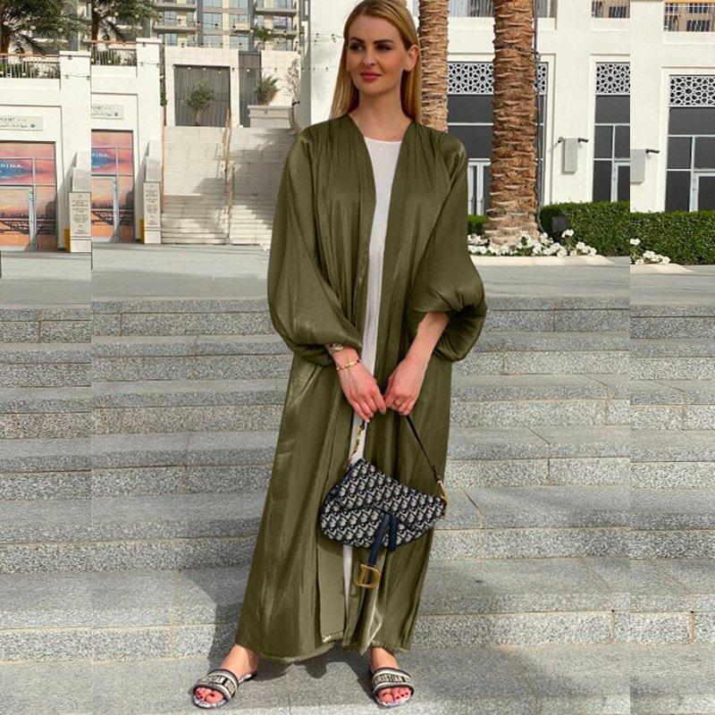 Eid Muslim Abaya Dress Kimono For Women Fashion Shining Silklike Summer Abayas Cardigan Puff Sleeve Dubai Turkey Clothes - Image 4