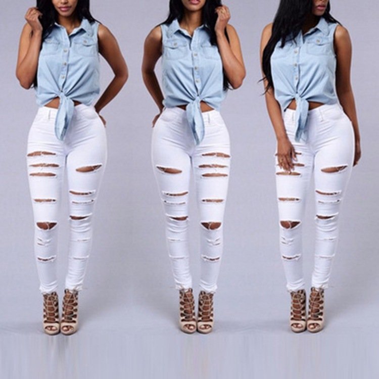 Ripped Jeans Women Skinny Trousers Casual High Waist Pencil Pants - Image 3