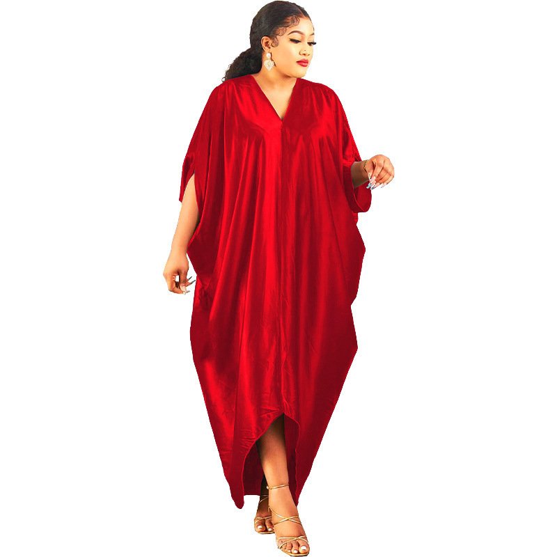 Plus Size Muslim Women's Solid Color V Neck Dress - Image 10
