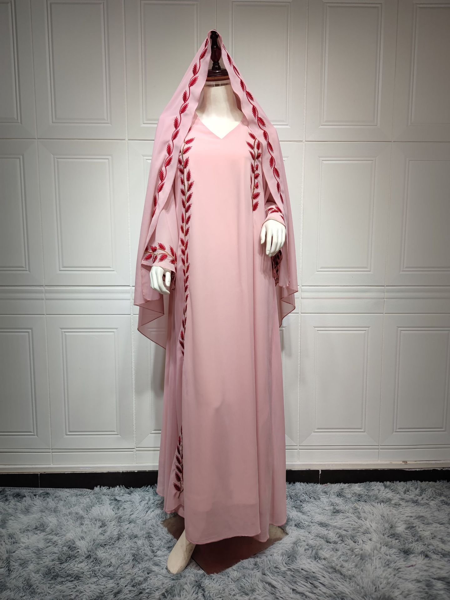 Chiffon Long Muslim Embroidered Crew Neck Dress With Headscarf - Image 6