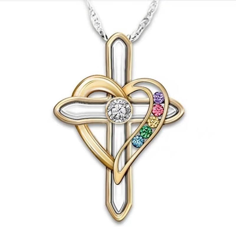 Cross Love Colorful Imitatio Gemstone Pendant Alloy Clavicle Chain - Image 2
