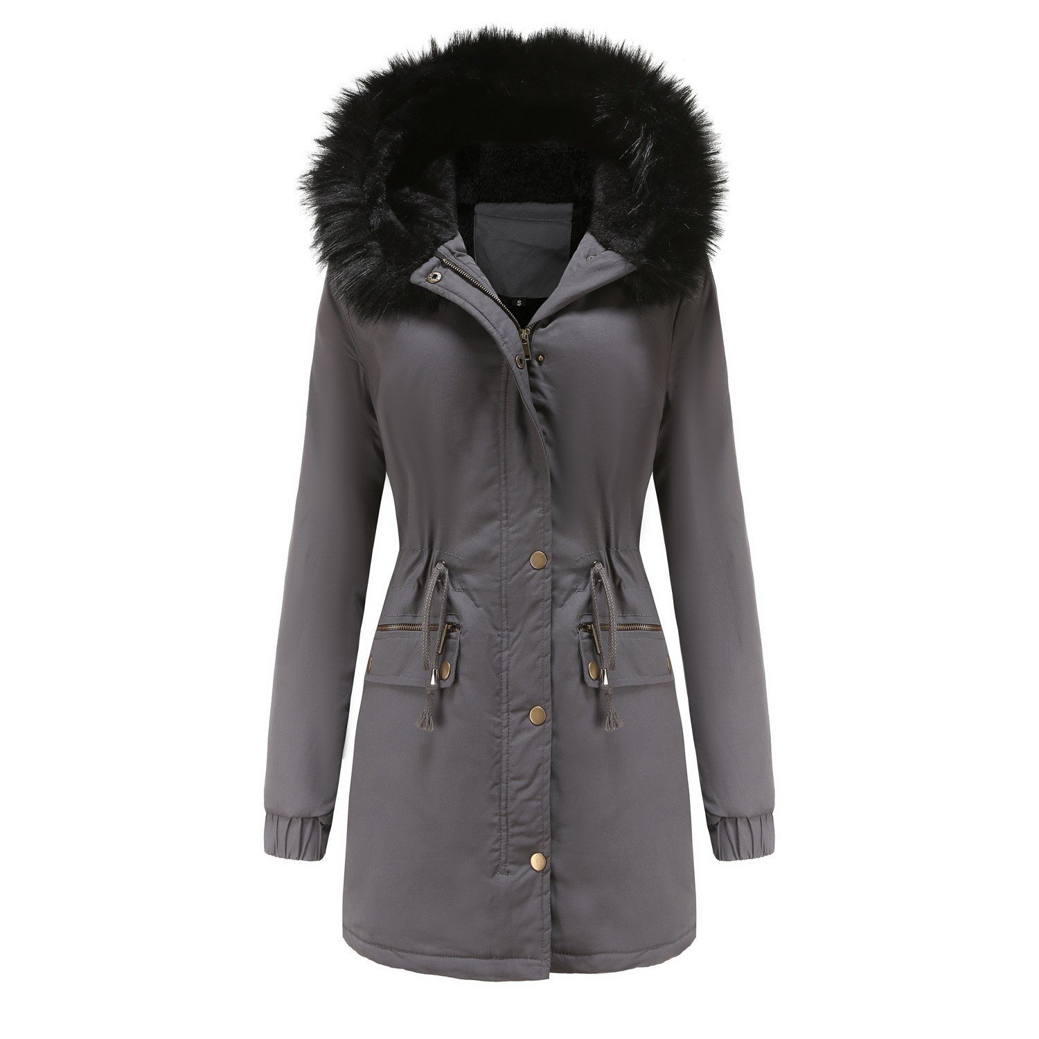 Women's Plush Hooded Parkas Winter Warm Thick Zip-up Jackets Casual Mid-length Solid Buckle Pockets Coat Outerwear Clothing - Image 7
