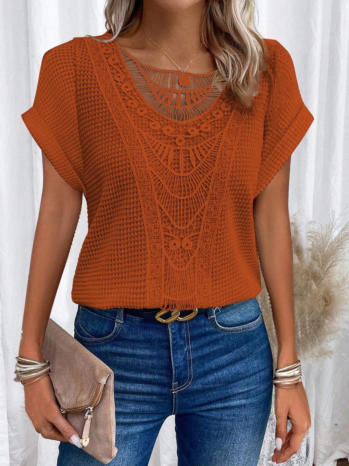 Summer Hollow Out Short-sleeved T-shirt Fashion Ethnic Style Tops Women's Clothing - Image 7