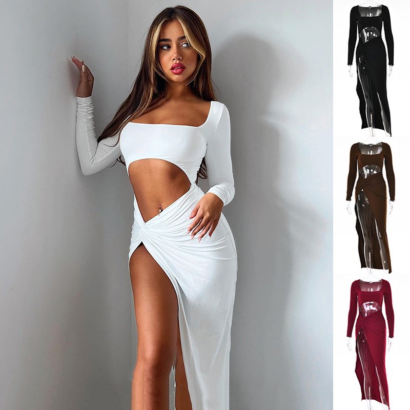 Womens Clothing Long Sleeve Dress Fashion Hollow U-neck Split Dress Party Wedding - Image 2