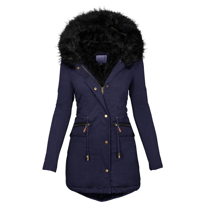 Women's Plush Hooded Parkas Winter Warm Thick Zip-up Jackets Casual Mid-length Solid Buckle Pockets Coat Outerwear Clothing - Image 3