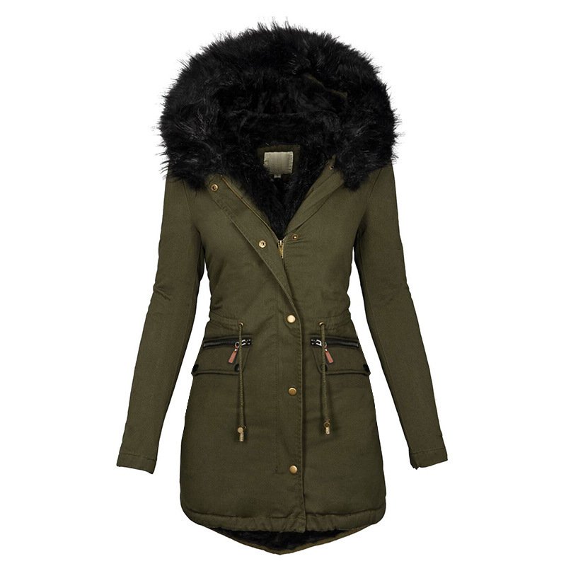 Women's Plush Hooded Parkas Winter Warm Thick Zip-up Jackets Casual Mid-length Solid Buckle Pockets Coat Outerwear Clothing - Image 4