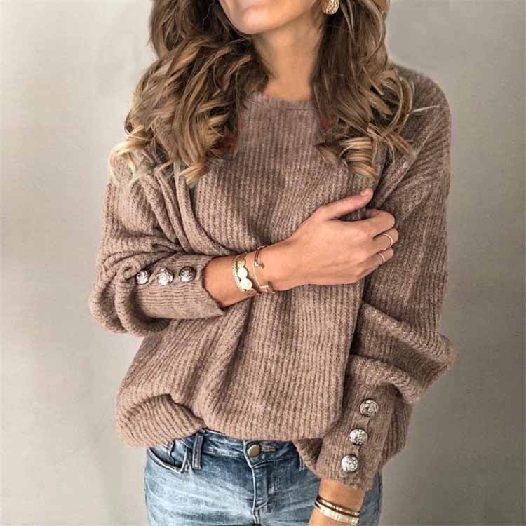 Long Sleeve Round Neck Button Knit T-shirt - Image 8