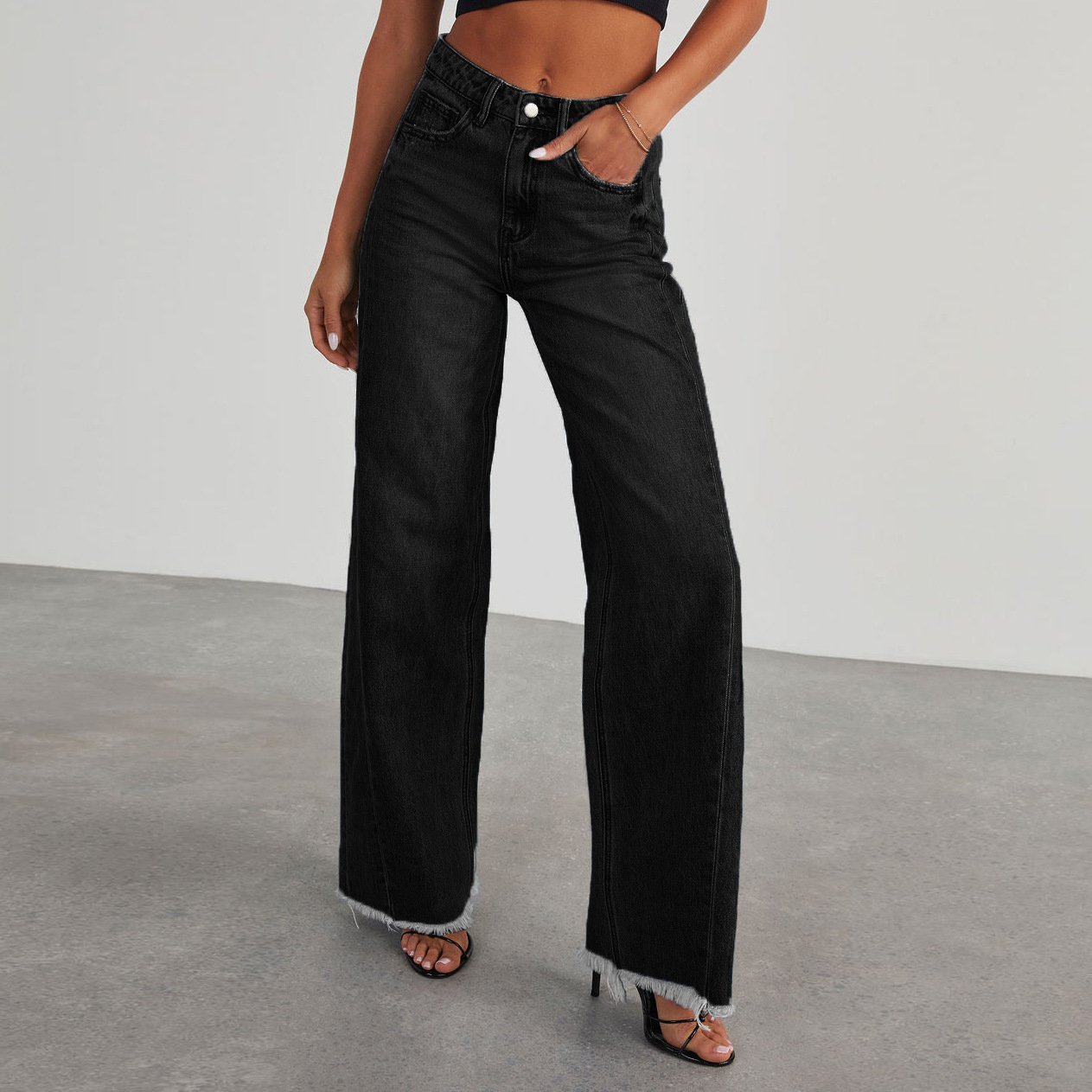 Fashion High Waist Jeans With Pockets Comfortable Slim Fit Straight Wide-leg Pants Womens Clothing - Image 5