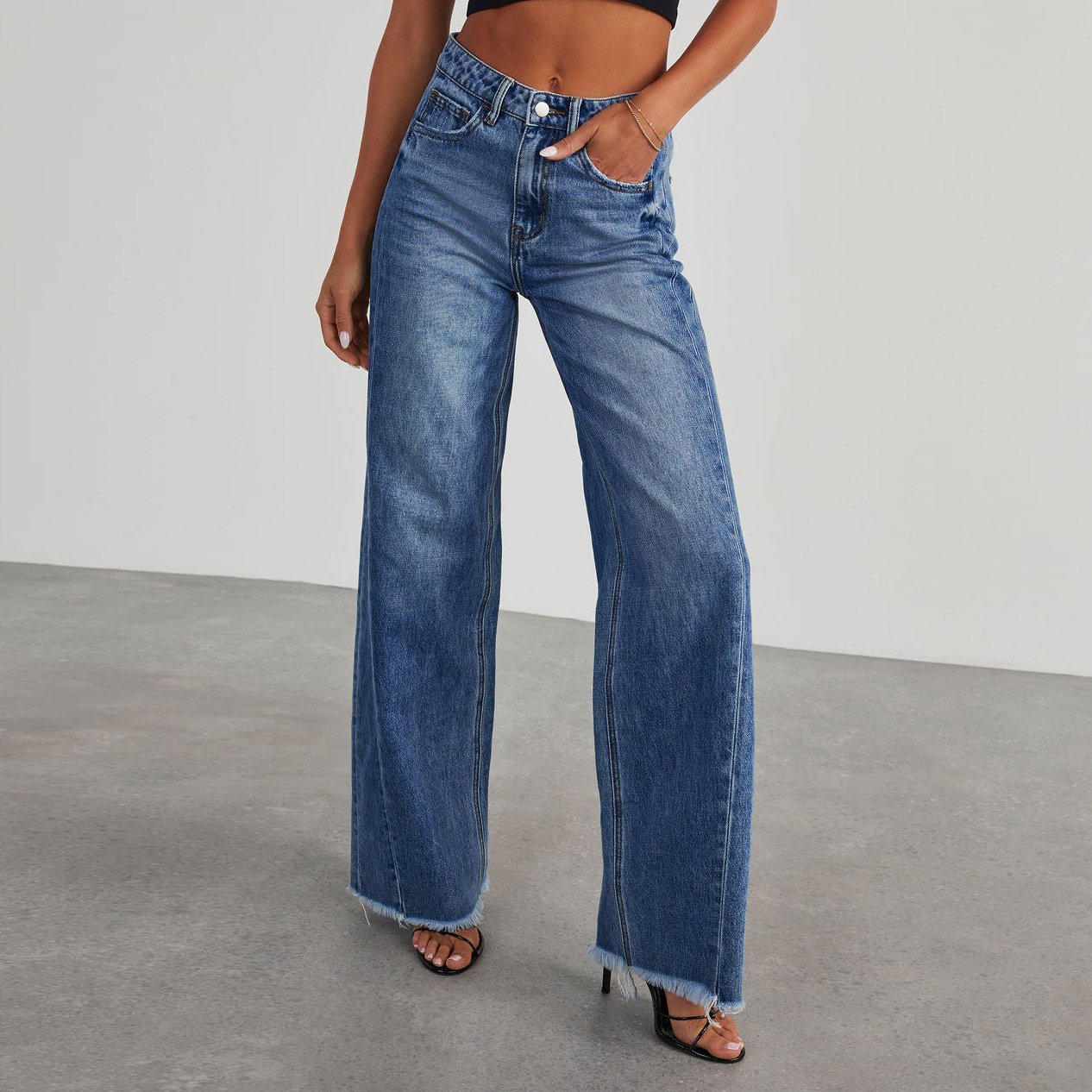 Fashion High Waist Jeans With Pockets Comfortable Slim Fit Straight Wide-leg Pants Womens Clothing - Image 7