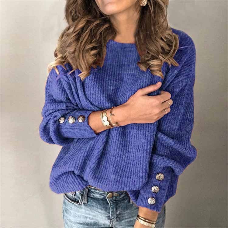 Long Sleeve Round Neck Button Knit T-shirt - Image 3