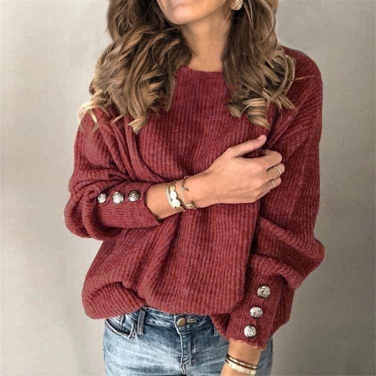 Long Sleeve Round Neck Button Knit T-shirt - Image 10