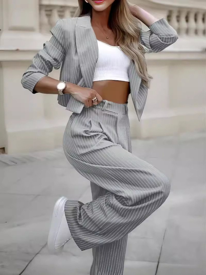 Women's Spring Fashion Striped Suits Casual Lapel Long Sleeve Cropped Top And Straight Pants Outfits Women's Clothing - Image 6