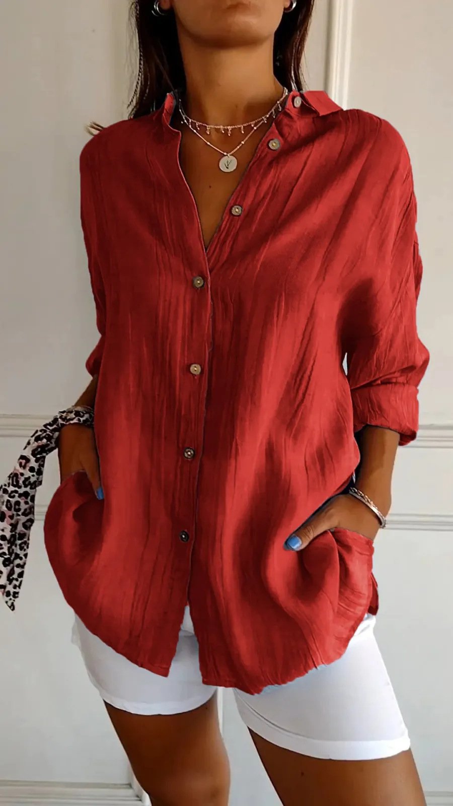 Lapel Long Sleeve Shirt Women's Single-breasted Pleated Shirt Tops Clothing - Image 10