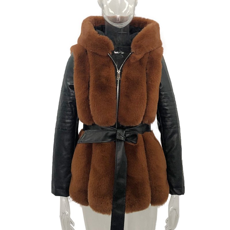 New Style Fur Belt Belt Hooded Zipper Jacket Women's Clothing - Image 5
