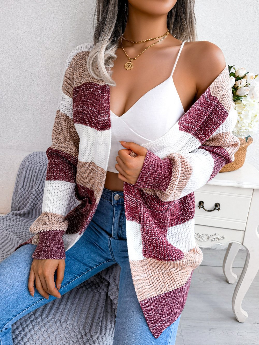 Plaid Sweater Women Casual Lantern Sleeves Cardigan Jacket Outerwear Clothes - Image 6