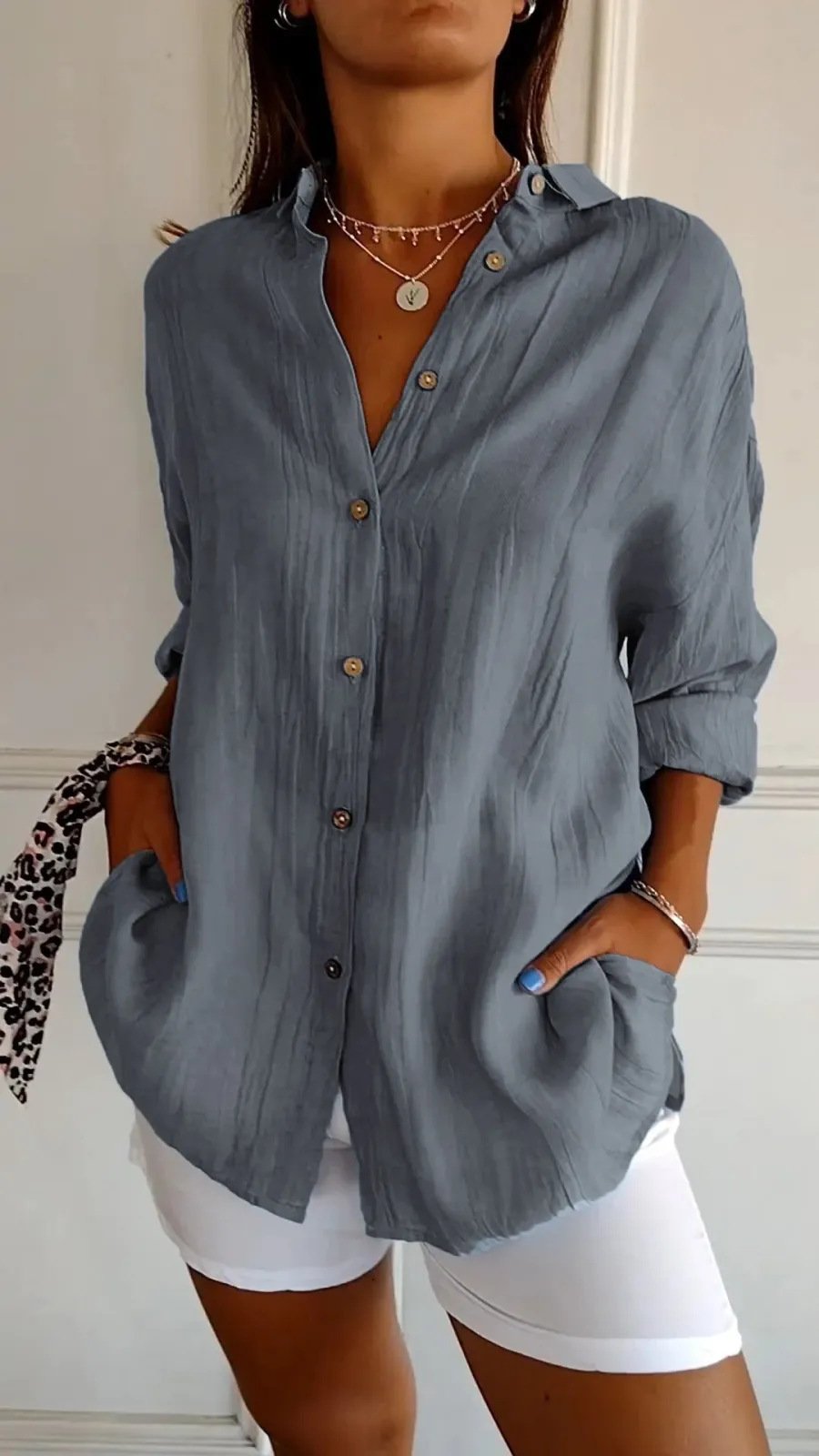 Lapel Long Sleeve Shirt Women's Single-breasted Pleated Shirt Tops Clothing - Image 9