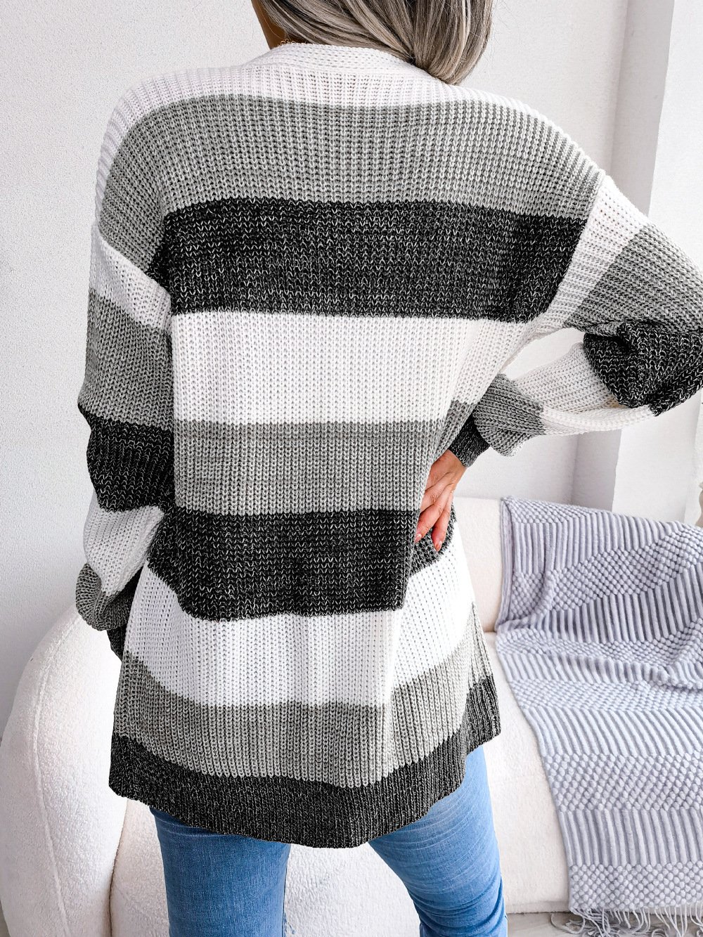 Plaid Sweater Women Casual Lantern Sleeves Cardigan Jacket Outerwear Clothes - Image 5