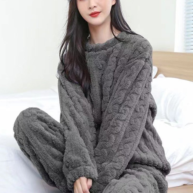 Winter Pajamas Sets Homewear Solid Color Loose Thickened Coral Velvet Pullover Long Sleeves And Trousers Warm Pajamas Indoor Outdoor Casual Clothes - Image 6