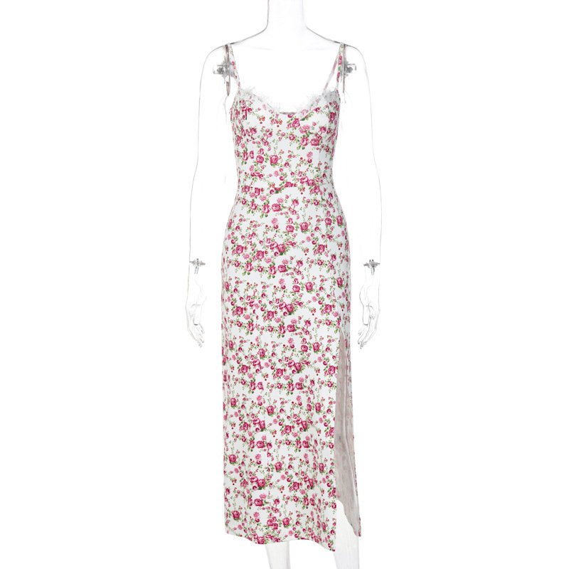 Lace Flowers Print Long Dress Sexy Fashion Slit Suspender Dress Summer Womens Clothing - Image 10