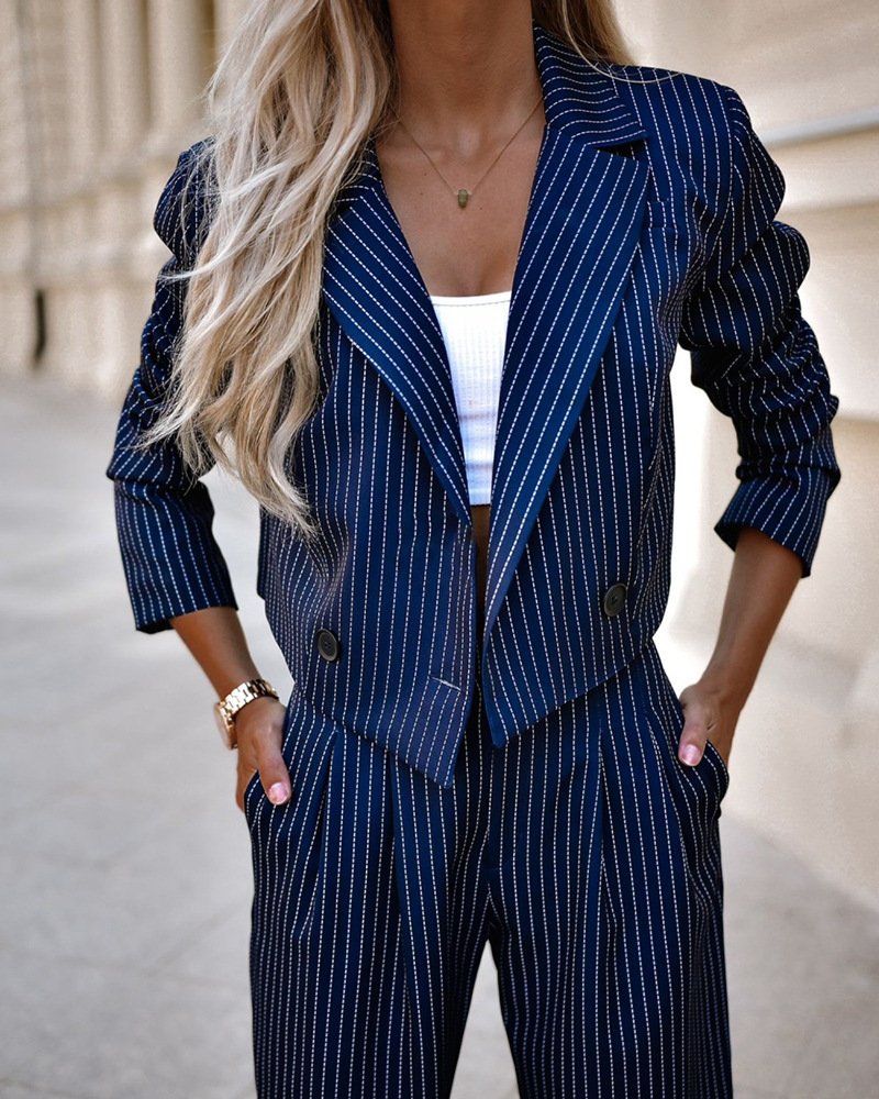Women's Spring Fashion Striped Suits Casual Lapel Long Sleeve Cropped Top And Straight Pants Outfits Women's Clothing - Image 10