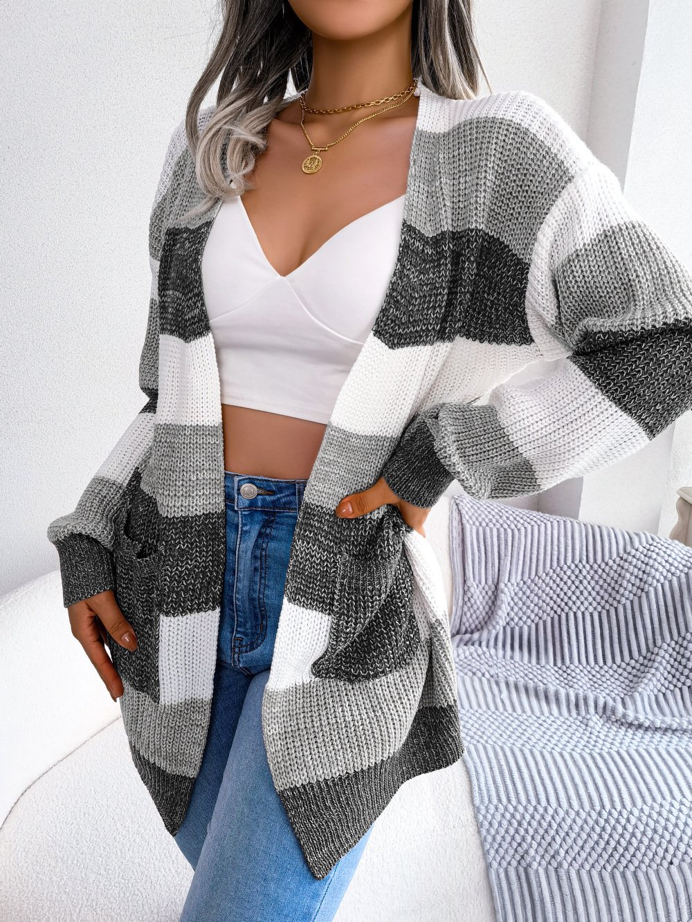 Plaid Sweater Women Casual Lantern Sleeves Cardigan Jacket Outerwear Clothes - Image 4