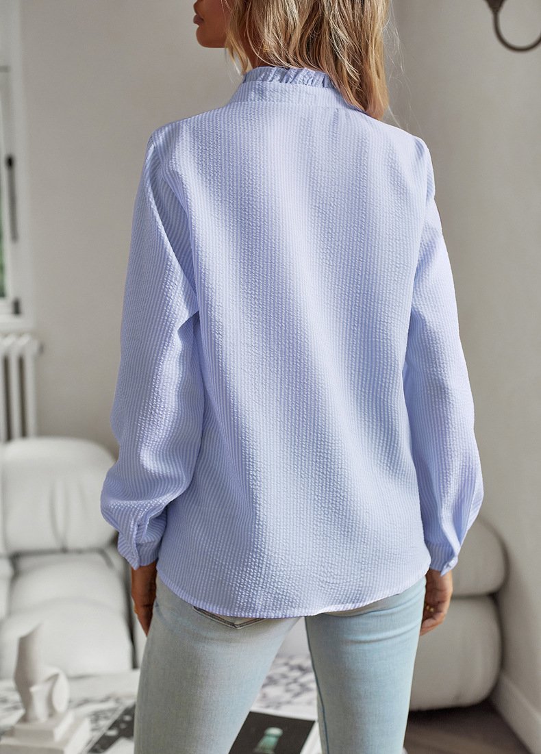 Striped Long Sleeve Shirt Fashion Ruffle Design Button Up Tops Casual Office Blouse Elegant Commuting Women's Clothing - Image 9