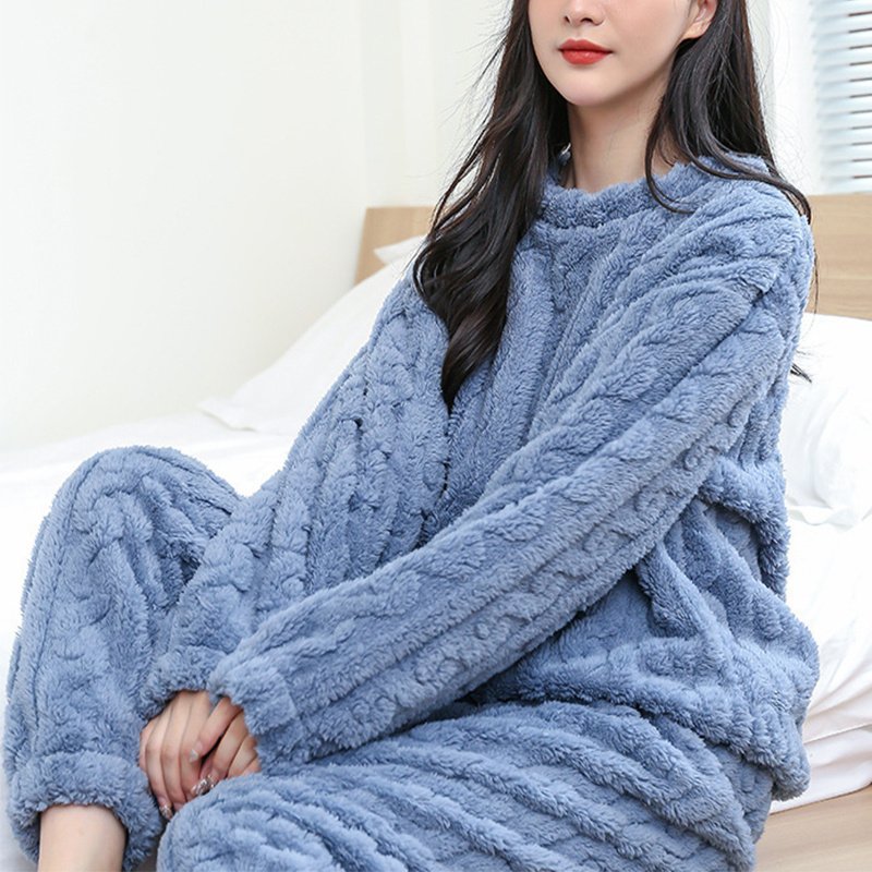 Winter Pajamas Sets Homewear Solid Color Loose Thickened Coral Velvet Pullover Long Sleeves And Trousers Warm Pajamas Indoor Outdoor Casual Clothes - Image 3