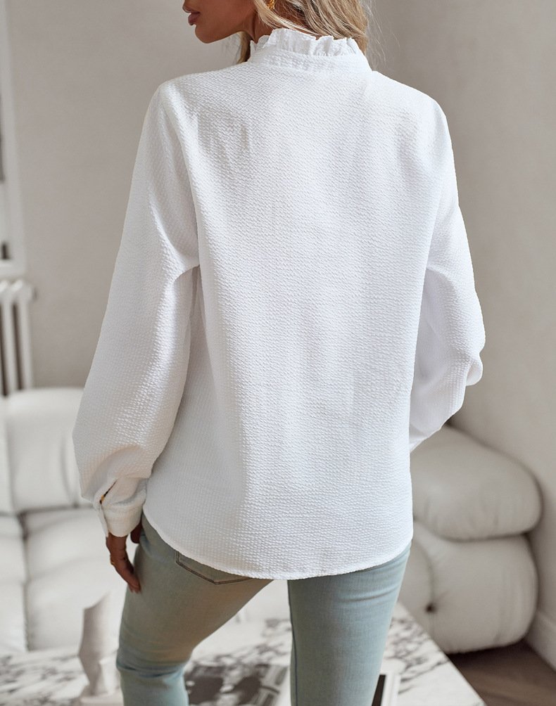 Striped Long Sleeve Shirt Fashion Ruffle Design Button Up Tops Casual Office Blouse Elegant Commuting Women's Clothing - Image 7