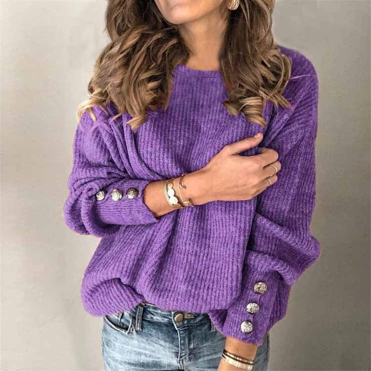 Long Sleeve Round Neck Button Knit T-shirt - Image 9
