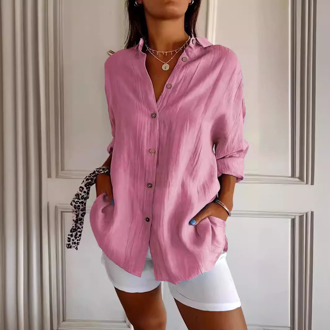 Lapel Long Sleeve Shirt Women's Single-breasted Pleated Shirt Tops Clothing - Image 6