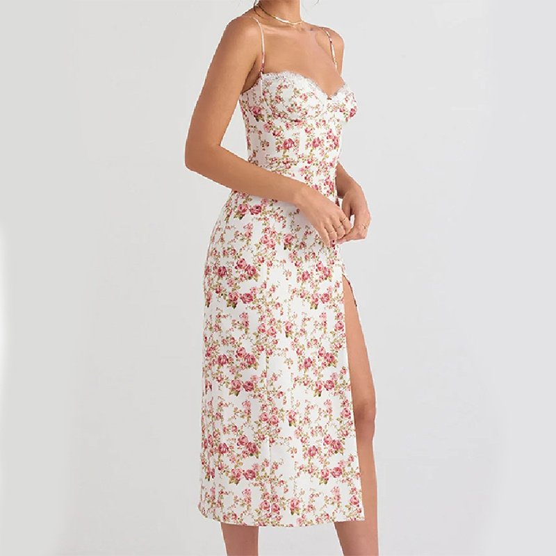 Lace Flowers Print Long Dress Sexy Fashion Slit Suspender Dress Summer Womens Clothing - Image 7