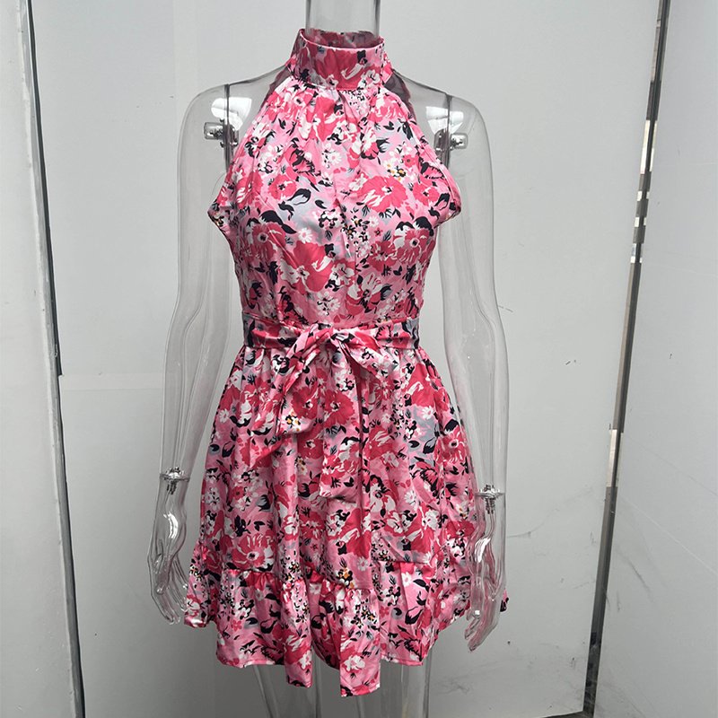 New Flowers Print Halterneck Dress Summer Fashion Temperament Lace-up Ruffled Dresses For Women - Image 9
