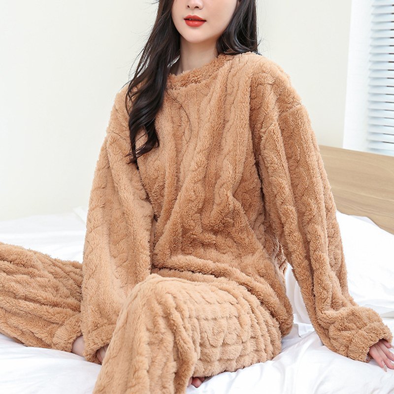 Winter Pajamas Sets Homewear Solid Color Loose Thickened Coral Velvet Pullover Long Sleeves And Trousers Warm Pajamas Indoor Outdoor Casual Clothes - Image 4