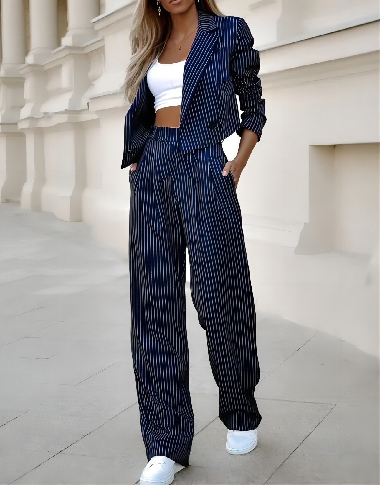 Women's Spring Fashion Striped Suits Casual Lapel Long Sleeve Cropped Top And Straight Pants Outfits Women's Clothing - Image 4
