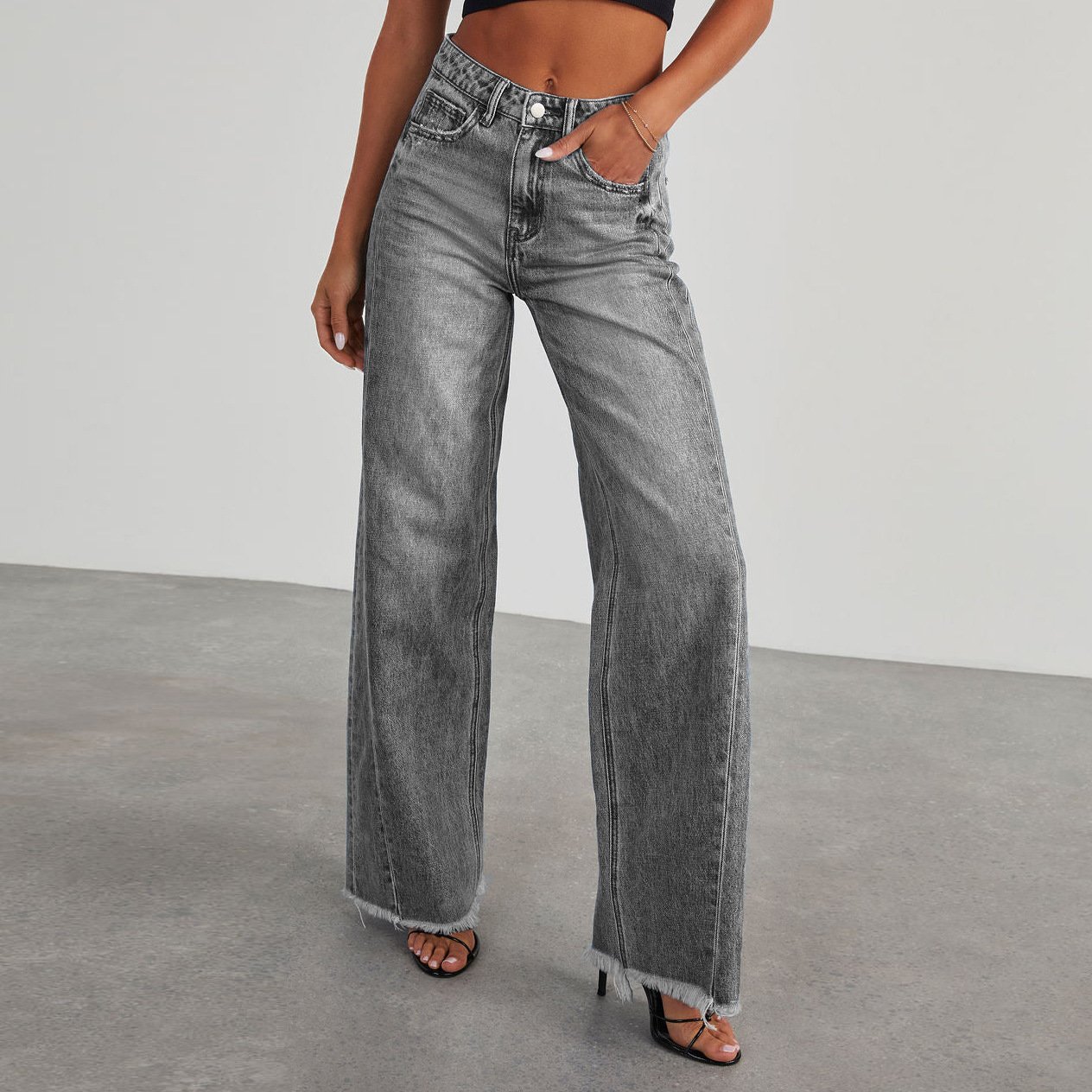 Fashion High Waist Jeans With Pockets Comfortable Slim Fit Straight Wide-leg Pants Womens Clothing - Image 3