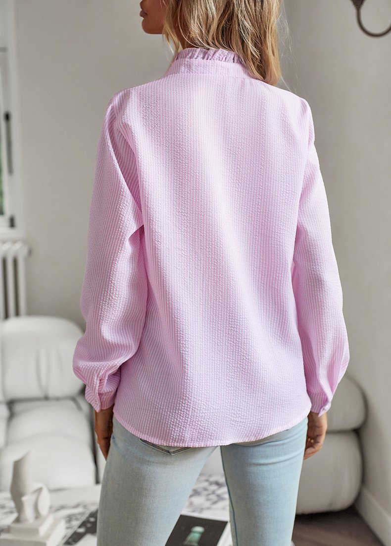 Striped Long Sleeve Shirt Fashion Ruffle Design Button Up Tops Casual Office Blouse Elegant Commuting Women's Clothing - Image 3
