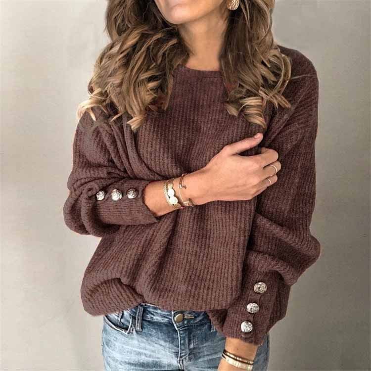 Long Sleeve Round Neck Button Knit T-shirt - Image 5
